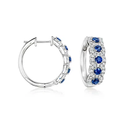 Pre-owned Ross-simons C. 2000 Vintage 1.50 Ct. T.w. Sapphire And 1.15 Ct. T.w. Diamond Hoop Earrings In 14kt White Gold In Silver
