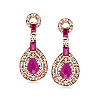 Pre-owned Ross-simons C. 2000 Vintage 1.70 Ct. T.w. Ruby And .65 Ct. T.w. Diamond Drop Earrings In 14kt Rose Gold In Pink