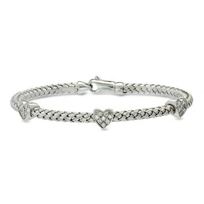 Pre-owned Ross-simons C. 2000 Vintage .36 Ct. T.w. Diamond Heart Station Bracelet In 14kt White Gold In Silver