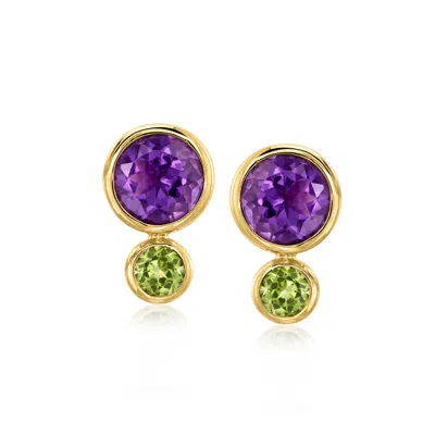 Pre-owned Ross-simons C. 2000 Vintage 3.60 Ct. T.w. Amethyst And .66 Ct. T.w. Peridot Earrings In 18kt Yellow Gold