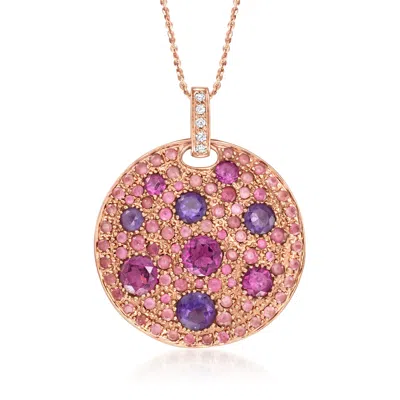 Pre-owned Ross-simons C. 2000 Vintage 3.95 Ct. T.w. Multi-gemstone Disc Pendant Necklace With Diamonds In 14kt Rose Gold In Pink