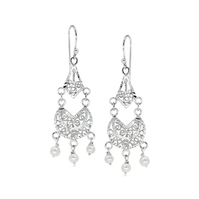 Pre-owned Ross-simons C. 2000 Vintage 4mm Cultured Pearl Chandelier Earrings In Sterling Silver