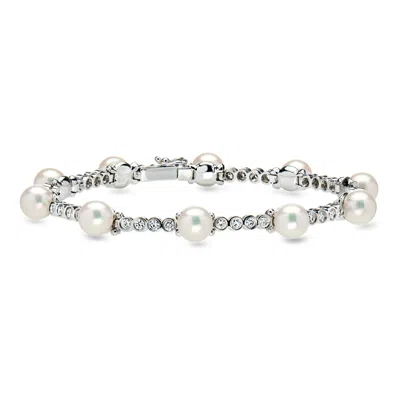 Pre-owned Ross-simons C. 2000 Vintage 6.5mm Cultured Pearl And 1.20 Ct. T.w. Diamond Bracelet In 18kt White Gold In Silver