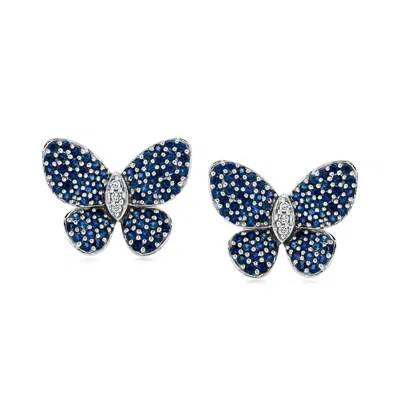 Pre-owned Ross-simons C. 2000 Vintage .72 Ct. T.w. Sapphire Butterfly Earrings With Diamonds In 14kt White Gold In Silver