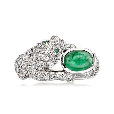 Pre-owned Ross-simons C. 2000 Vintage Effy 3.10 Ct. T.w. Diamond And 1.23 Ct. T.w. Emerald Panther Ring In 14kt White Gold In Silver