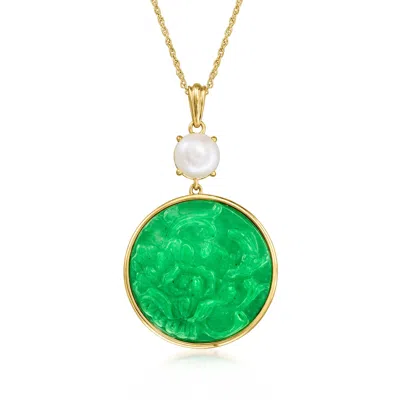 Ross-simons Carved Jade And 8-8.5mm Cultured Pearl Pendant Necklace In 18kt Gold Over Sterling In Orange