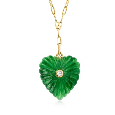 Ross-simons Carved Jade Heart Paper Clip Link Y-necklace With Single Lab-grown Diamond In 18kt Gold Over Sterlin In Green