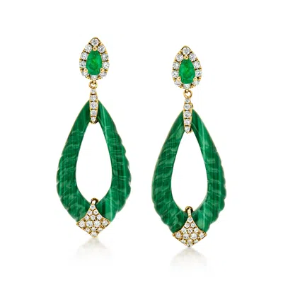 Ross-simons Carved Malachite Drop Earrings With .30 Ct. T.w. Emeralds And .41 Ct. T.w. Diamonds In 14kt Yellow G In Green