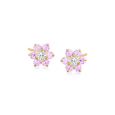 Ross-simons Child's . Pink And White Cz Flower Earrings In 14kt Yellow Gold