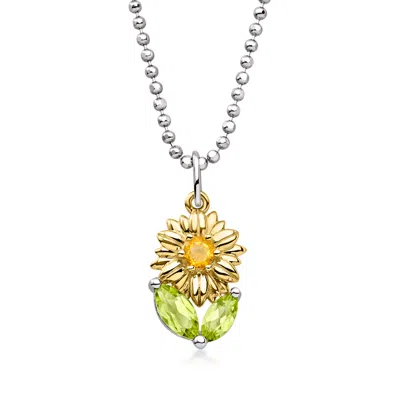 Ross-simons Citrine And .40 Ct. T.w. Peridot Sunflower Pendant Necklace In Sterling Silver And 14kt Yellow Gold In Silver,gold