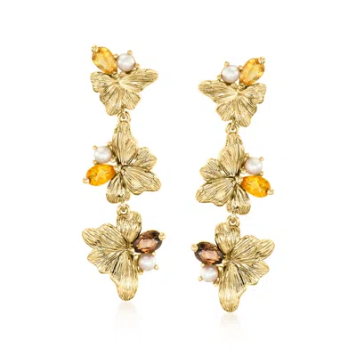 Ross-simons Citrine And . Smoky Quartz Floral Drop Earrings With 2.5-3mm Cultured Pearls In 18kt Gold Over Sterl In Orange