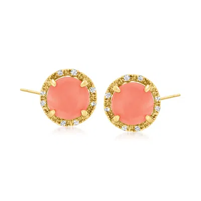 Ross-simons Coral And Diamond-accented Stud Earrings In 14kt Yellow Gold In Pink