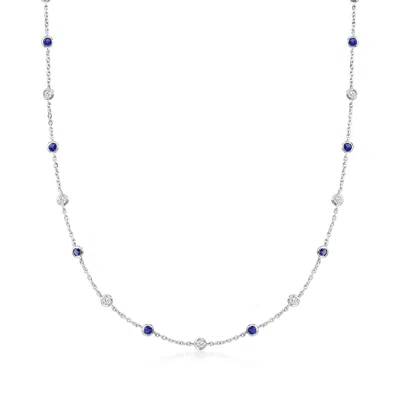 Ross-simons Cz And Simulated Sapphire Station Necklace In Sterling Silver In Metallic