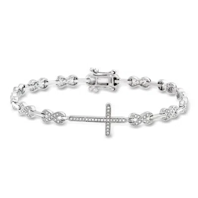 Ross-simons Diamond Cross And Infinity Symbol Link Bracelet In Sterling Silver In Metallic
