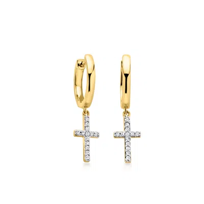 Ross-simons Diamond Cross Hoop Drop Earrings In 18kt Gold Over Sterling In Silver