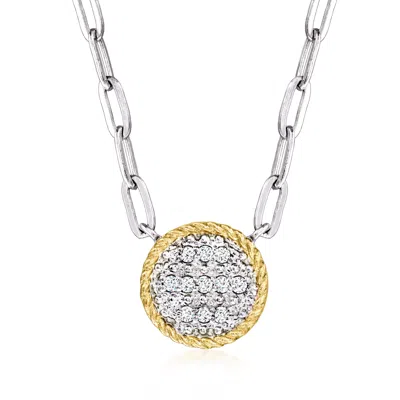 Ross-simons Diamond Roped-edge Circle Paper Clip Link Necklace In Sterling Silver And 14kt Yellow Gold In Metallic