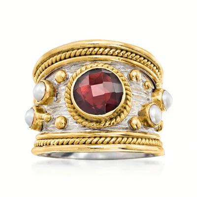 Ross-simons Garnet And 3mm Cultured Pearl Ring In Sterling Silver And 18kt Gold Over Silver In Red