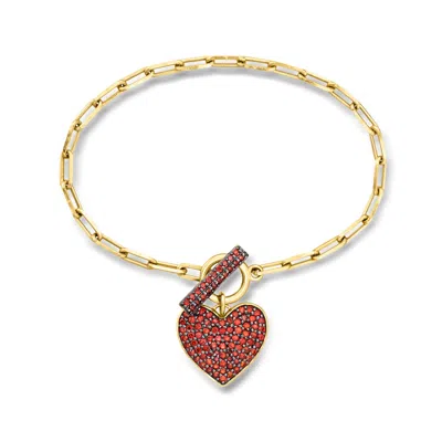 Ross-simons Garnet Heart Paper Clip Link Toggle Bracelet In 18kt Gold Over Sterling
