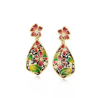 Ross-simons Gray Mother-of-pearl And Multicolored Enamel Floral Drop Earrings With White Zircons In 18kt Gold Ov In Neutral