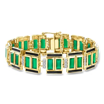 Ross-simons Green Chalcedony And .50 Ct. T.w. White Topaz Bracelet With Black Enamel In 18kt Gold Over Sterling