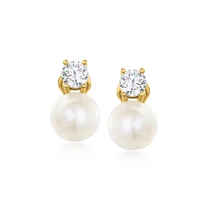 Ross-simons Italian 10.5-11mm Cultured Pearl And Cz Drop Earrings In 18kt Gold Over Sterling In Silver
