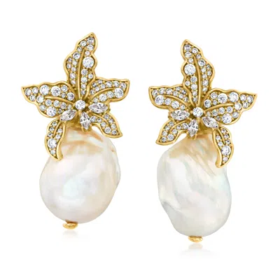 Ross-simons Italian 13-18mm Baroque Pearl And Cz Flower Earrings In 18kt Gold Over Sterling In White