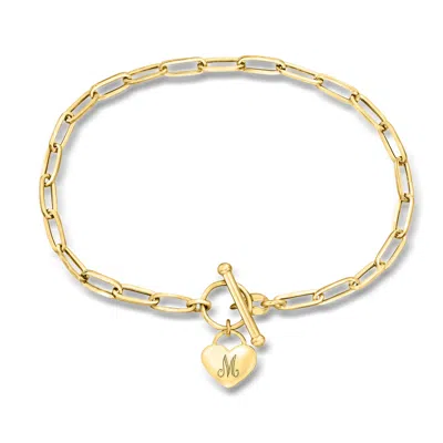 Ross-simons Italian 14kt Yellow Gold Personalized Heart Charm Paper Clip Link Bracelet