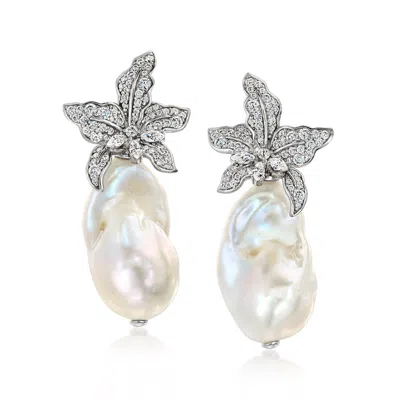 Ross-simons Italian 15-16mm Cultured Baroque Pearl And Cz Floral Drop Earrings In Sterling Silver In Metallic