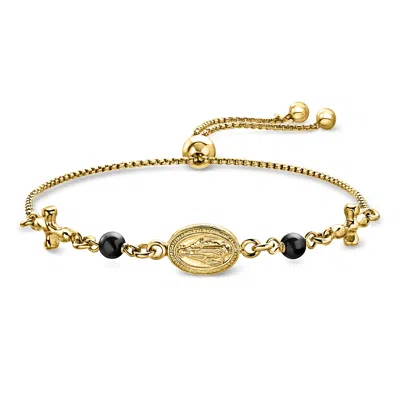 Ross-simons Italian 18kt Gold Over Sterling Miraculous Medal Bolo Bracelet With 4mm Onyx Beads
