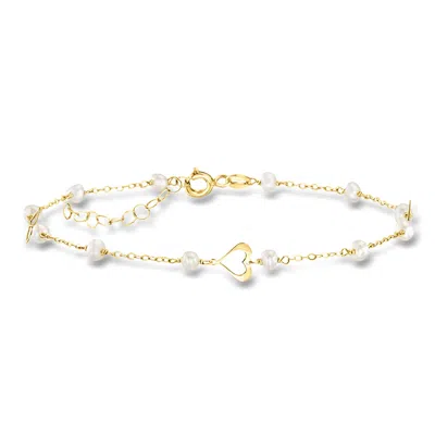 Ross-simons Italian 3-3.5mm Cultured Pearl And Heart Station Bracelet In 10kt Yellow Gold