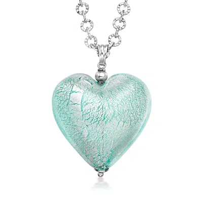 Ross-simons Italian Aqua-blue Murano Glass Heart Necklace With Rhodium-plated Chain In Multi