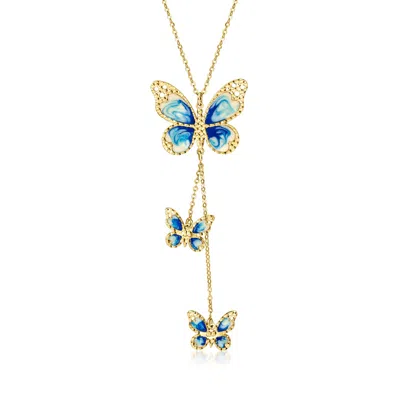 Ross-simons Italian Blue And Cream Enamel Butterfly Necklace In 10kt Yellow Gold In Pink
