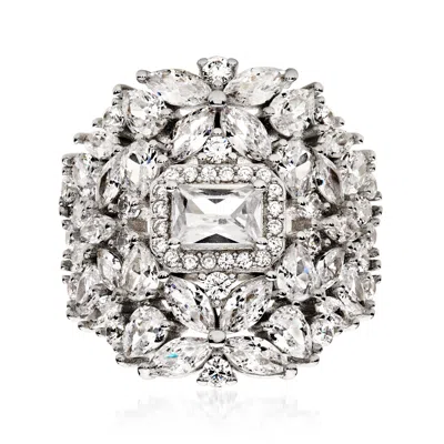 Ross-simons Italian Cz Floral Ring In Sterling Silver In Metallic