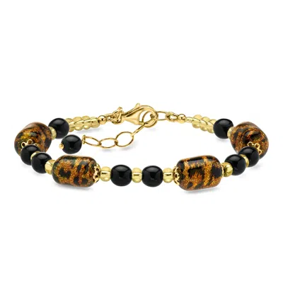 Ross-simons Italian Leopard-print Murano Glass Bead Bracelet In 18kt Gold Over Sterling In Brown