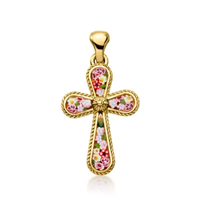 Ross-simons Italian Multicolored Murano Glass Floral Mosaic Cross Pendant In 18kt Gold Over Sterling In Purple