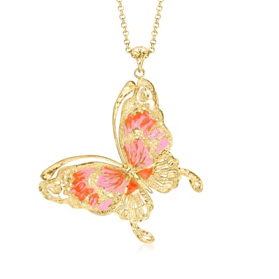 Ross-simons Italian Pink And Orange Enamel Butterfly Pendant Necklace In 18kt Gold Over Sterling