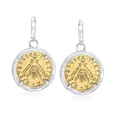 Ross-simons Italian Replica Lira Bee Coin Drop Earrings In Sterling Silver And 18kt Gold Over Sterling