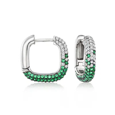 Ross-simons Italian . Simulated Emerald And . Cz Square Hoop Earrings In Sterling Silver In Metallic