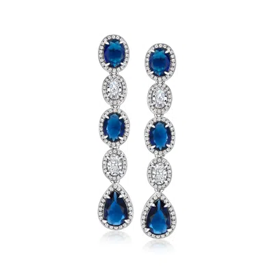 Ross-simons Italian Simulated Sapphire And Cz Drop Earrings In Sterling Silver In Metallic