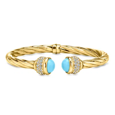 Ross-simons Italian Simulated Turquoise And 1.30 Ct. T.w. Cz Twisted Cuff Bracelet In 18kt Gold Over Sterling