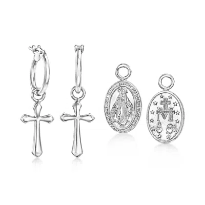 Ross-simons Italian Sterling Silver Jewelry Set: Hoop Earrings And 2 Pairs Of Interchangeable Religious Drops In Transparent
