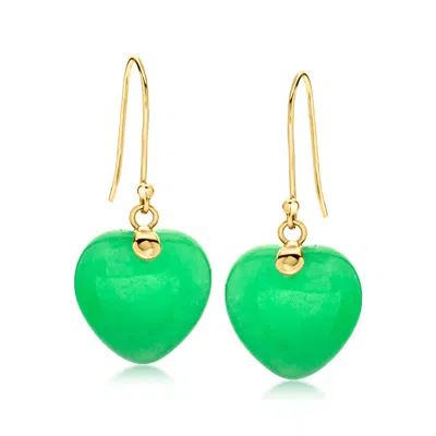 Ross-simons Jade Heart Drop Earrings In 10kt Yellow Gold In Green