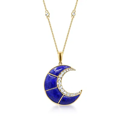 Ross-simons Lapis And .47 Ct. T.w. Diamond Moon Pendant Necklace In 14kt Yellow Gold In Blue