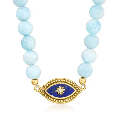 Ross-simons Lapis, Diamond And Aquamarine Bead Evil Eye Necklace With 18kt Gold Over Sterling In Blue
