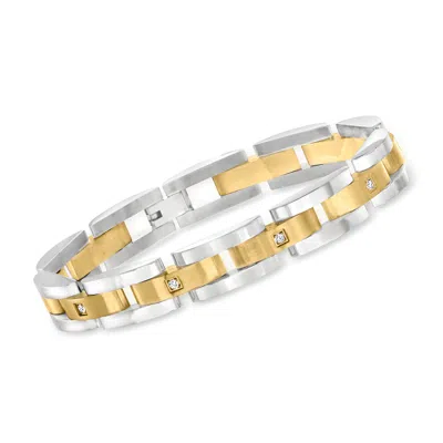 Ross-simons Men's .10 Ct. T.w. Cz Link Bracelet In Stainless Steel And 18kt Yellow Gold Plate