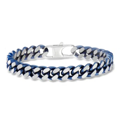 Ross-simons Men's 10mm Blue And White Stainless Steel Cuban-link Bracelet In Silver