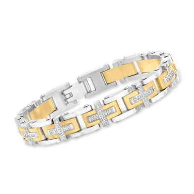 Ross-simons Men's 1.30 Ct. T.w. Cz Cross Bracelet In Stainless Steel And 18kt Yellow Gold Plate