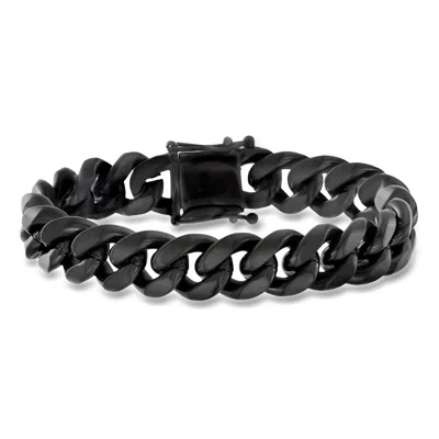 Ross-simons Men's 14mm Matte Black Stainless Steel Cuban-link Bracelet In Silver