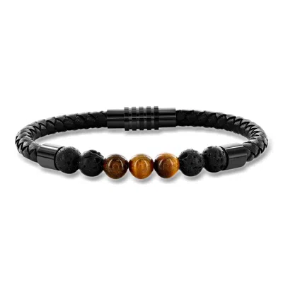 Ross-simons Men's 8-8.5mm Tiger Eye Bead And Lava Stone Braided Leather Bracelet With Black Stainless Steel Magn In Silver