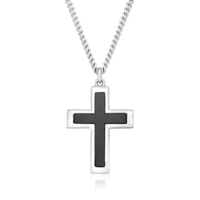 Ross-simons Men's Onyx Cross Pendant Necklace In Sterling Silver And Stainless Steel